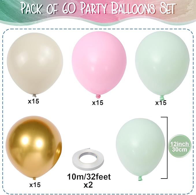 Pink and Green Balloons Pastel Green Pink White Sand Gold Metallic Balloons Nutcracker Fairy Sugar Theme Balloon Set for Winter Wonderland Snow Ice Spring Birthday Christmas Baby Shower Party Decor