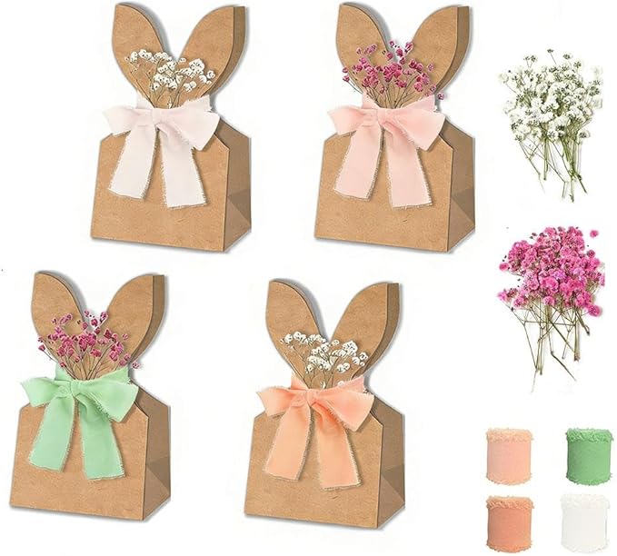 24 Set Boho Bow Easter Bunny Party Favor Bags, DIY Bunny Gift Boxes with Boho Neutral Bow Ribbon and Dried Flowers,Rustic Kraft Paper Rabbit Ears Treat Boxes Goodie Bags for Spring Holiday Decor(C)