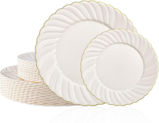 U-QE 60 Pcs Thanksgiving Plates Disposable – Ivory Scalloped Plastic Plates with Gold Trim – Elegant Plastic Plate Include 30 10.25" Dinner & 30 7.25" Dessert Plate for Party, Friendsgiving & Fall