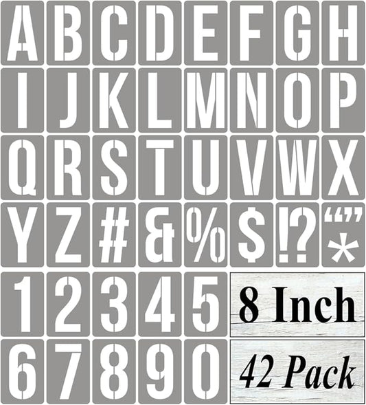 8 Inch Alphabet Letter Stencils for Painting - 42 Pack Letter and Number Stencil Templates with Signs for Painting on Wood, Reusable Numbers and Letters Stencils for Chalkboard Wood Signs & Wall Art