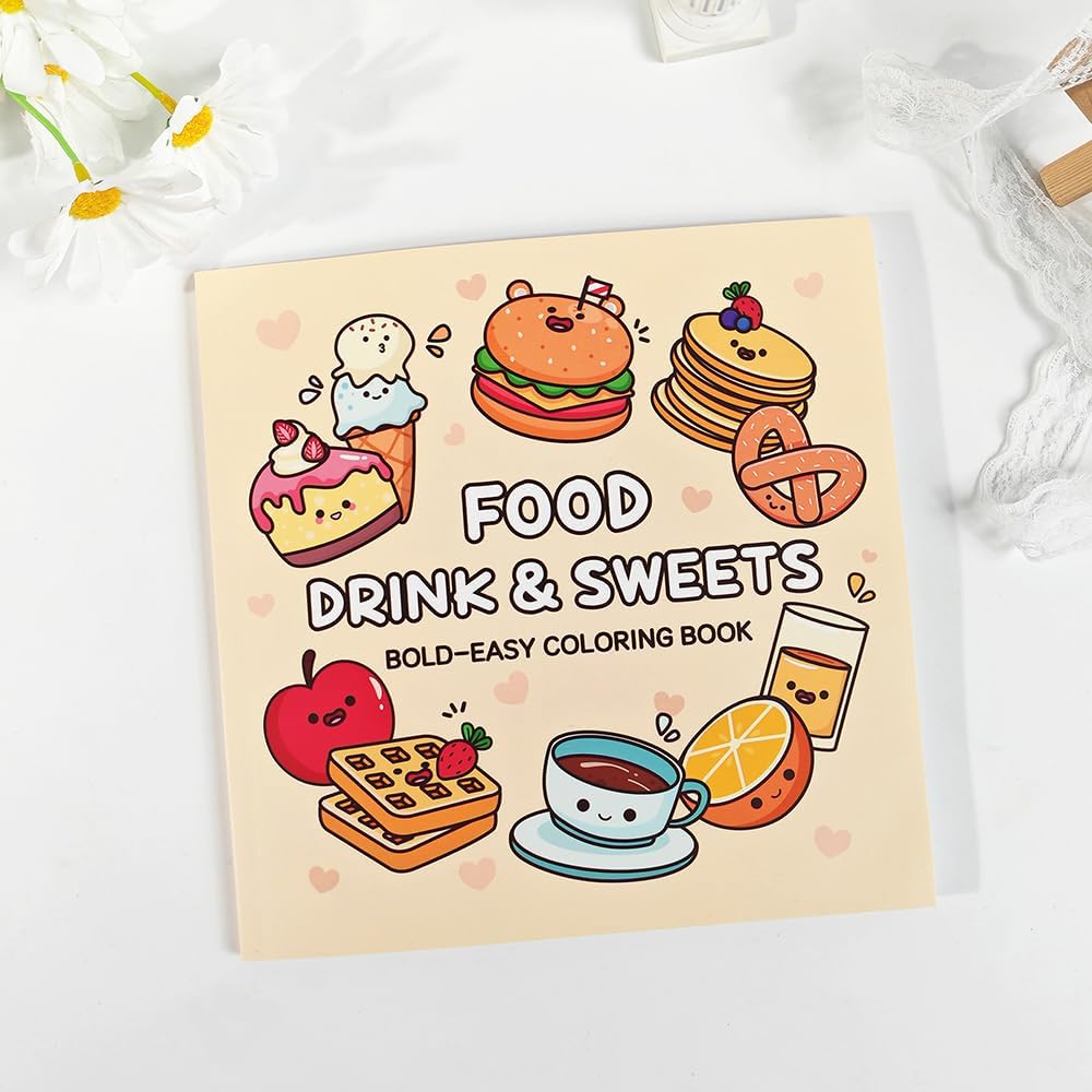 Adorable Coloring Book for Kids Ages 4–8: 40 Unique Single-Sided Pages to Prevent Bleed-Through | Thick Paper for Markers & Crayons | Screen-Free Learning Fun & Family Creative Gift (Food Drink)