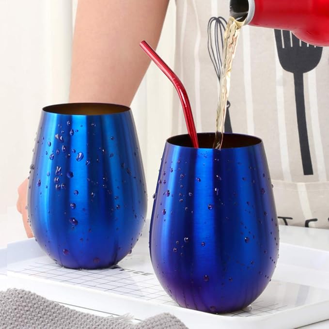 Buyer Star 304 Stainless Steel Wine Glasses Set of 2 - Large 17 oz Outdoor Stemless Wine Tumblers - 100% Unbreakable & Stemless Metal Drinking Cups for Home and Outdoors Dishwasher safe (Black&Blue)