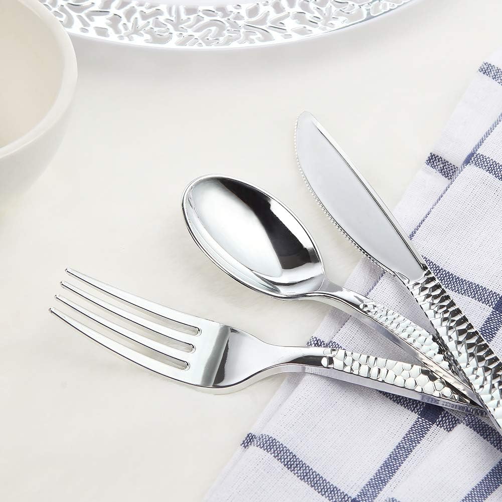 Supernal 300pcs Silver Plastic Forks,Premium Disposable Forks Polished,Special Hammered Design,Perfect for Big Party,Wedding and Any Catering Events,Perfect for Birthday,Party,Wedding