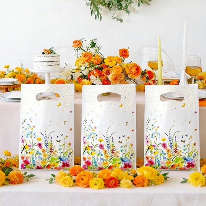 Wildflower Gift Bags, 100Pcs Reusable Wildflower Party Favor Bag with Handles, Plastic Wildfloral Goodie Candy Treat Bags Floral Gift Bag for Spring Wedding Baby Shower Birthday Party Supplies Decor