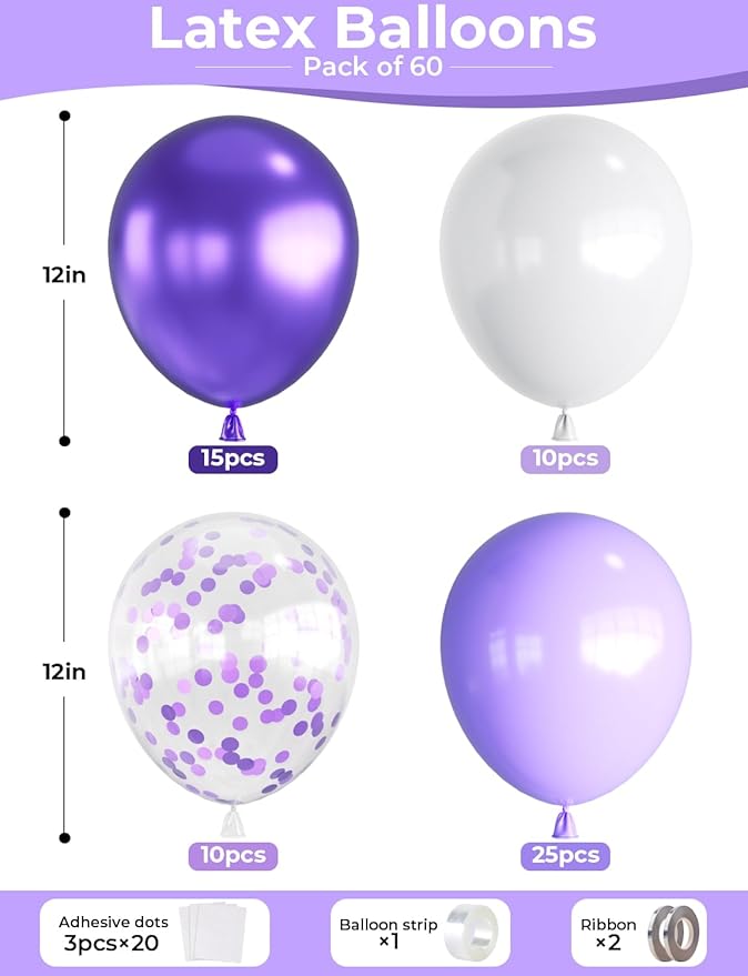 Purple and White Balloons,12 Inch 60 Pcs Pastel Purple Confetti Balloons,Lavender Lilac Balloon for Mother's Day/Birthday/Baby Shower/Graduation/Wedding Decorations