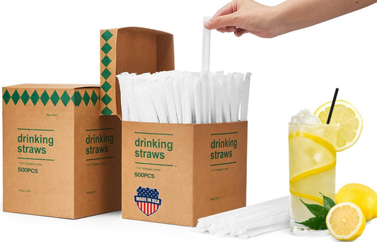 Plastic Drinking Straws,1000 PCS Individually Wrapped Black Disposable Straws,Straight Straw for Party Daily Use [7.8" Long, 0.23" Diameter] Food-Safe BPA Free - Made in USA (2 boxes of 500)