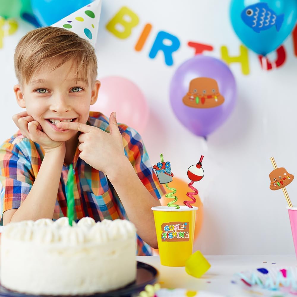 24PCS Fishing Party Favors,Summer Fishing Themed Birthday Party Supplies，Kids Daily Drinking Straws,Birthday Parties,Class Reunions,With 2 Cleaning Brushes.(8color)