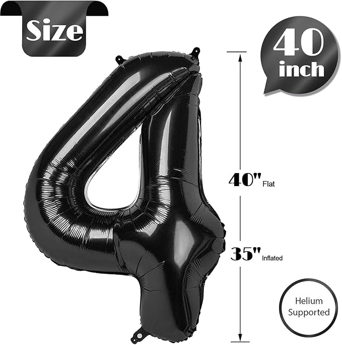 Black Number 4 Balloon 40 Inch, 4th Birthday Party Decorations for Children, Giant 4 Foil Balloon for Party Supplies