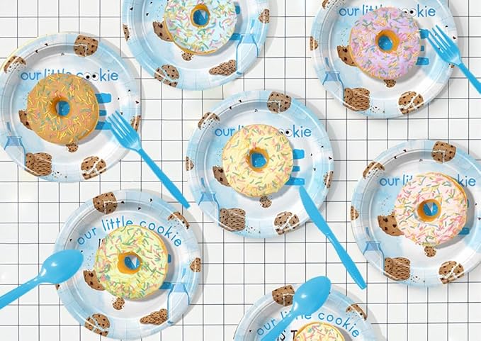 168Pcs Cookies Party Supplies Chocolate Chip Cookies and Milk Drinks Birthday Decorations for Baby Boys Girls 1st Birthday Party Tableware Serve 24
