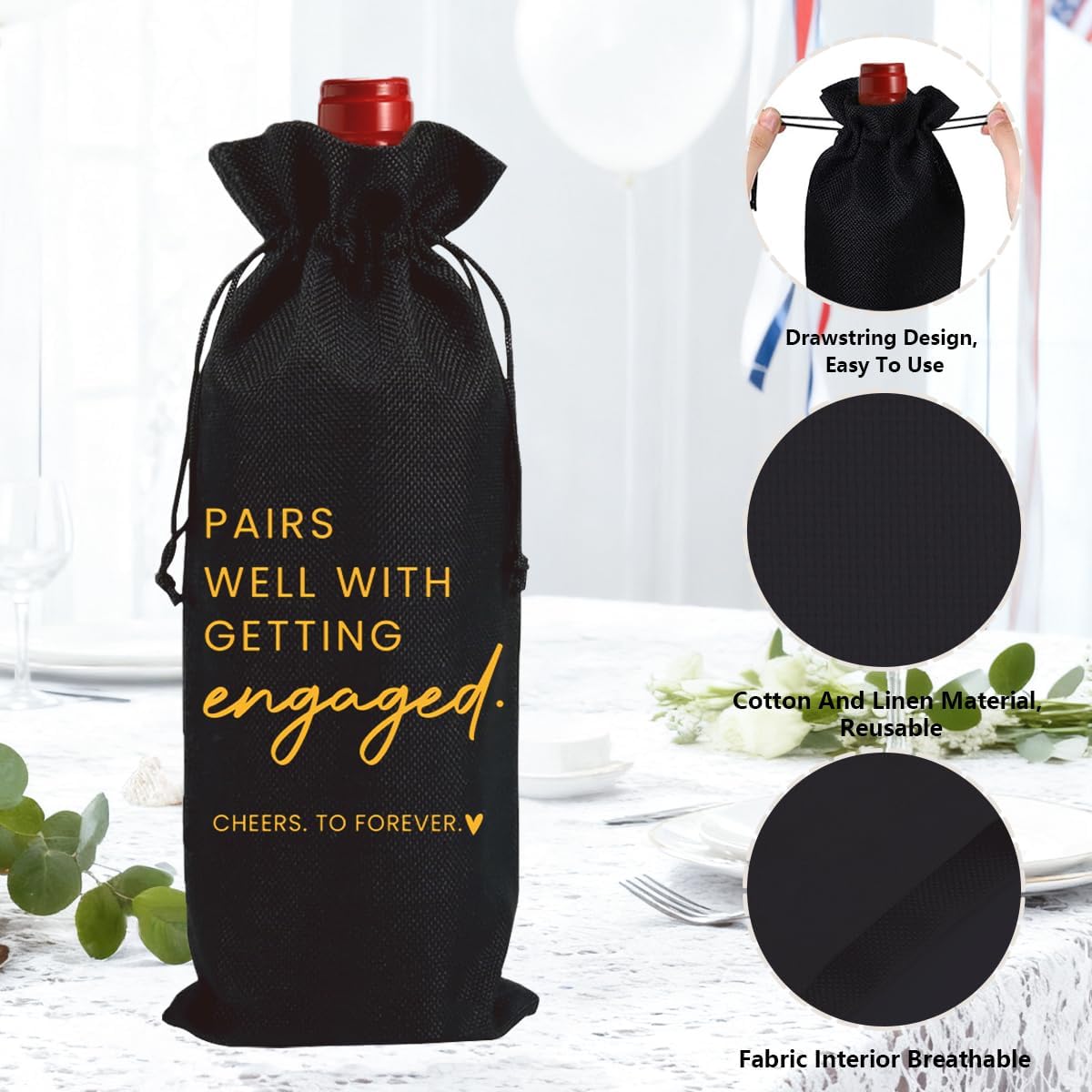 Engagement Gifts for Couples Her Engagement Party Decorations Gift for Couple Wine Bag Scented Candles Set Pairs Well with Getting Engaged Gifts To Forever Black Wine Bottle Bag
