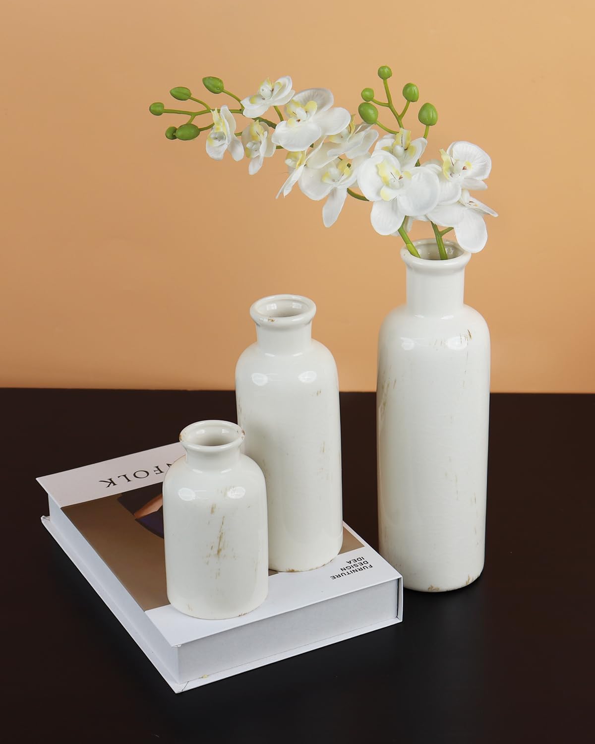 White Ceramic Vase Set of 3 - Crackle Glaze Bottle Vases for Rustic Farmhouse Table Centerpiece, Shelf & Mantel Decor