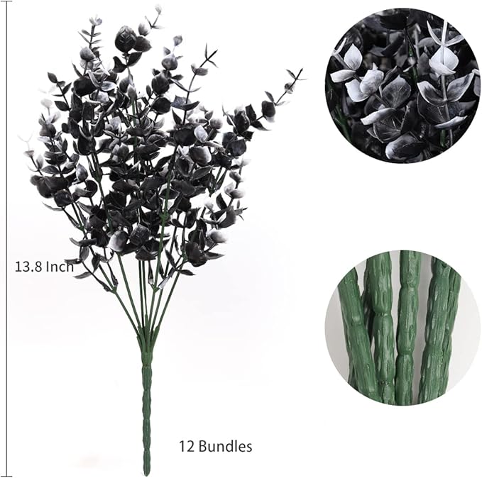 RECUTMS Black Artificial Flowers, 12 Pcs Fake Outdoor UV Resistant Plants Faux Plastic Greenery Shrubs Indoor Outside Hanging Planter Flower Decoration, Garden Decor (Black+White Eucalyptus)