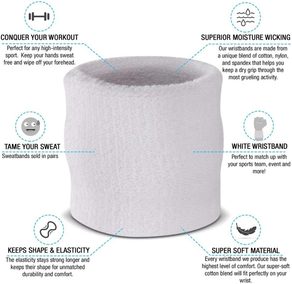 Suddora Wrist Sweatbands, Absorbent and Breathable Thick Cotton Bands for Working Out, Gymnastics, Basketball, Tennis, and Football, Multiuse Wristbands for Costumes and Cosplay