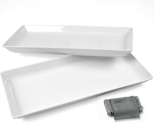 Long Melamine Serving Platter, 17.3x8x1.5 inch Rectangle Serving Trays for Party, Long Serving Platters Plates for Appetizer, Charcuterie, Bread, Fruit, Dessert, Set of 2, White