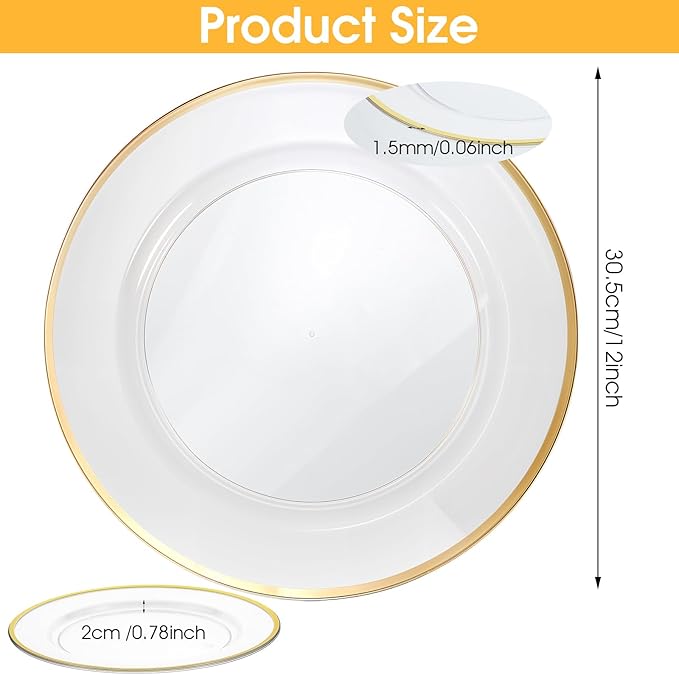 DIVINA VITAE 25Pack Disposable Clear Charger Plates Bulk with Gold Trim, 12 Inch Gold Plastic Chargers Plate Disposable for Party, Wedding, Dinne, Thanksgiving,Halloween,Christmas
