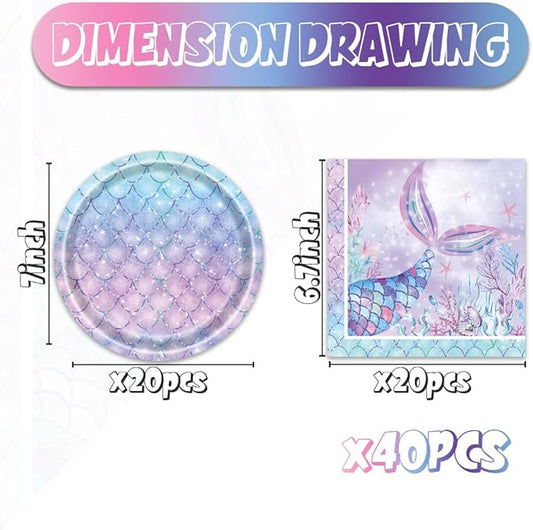 40pcs Mermaid Themed Party Supplies Under the Sea Mermaid Birthday Party Decorations Ocean Party Tableware Set for Girls Baby Shower