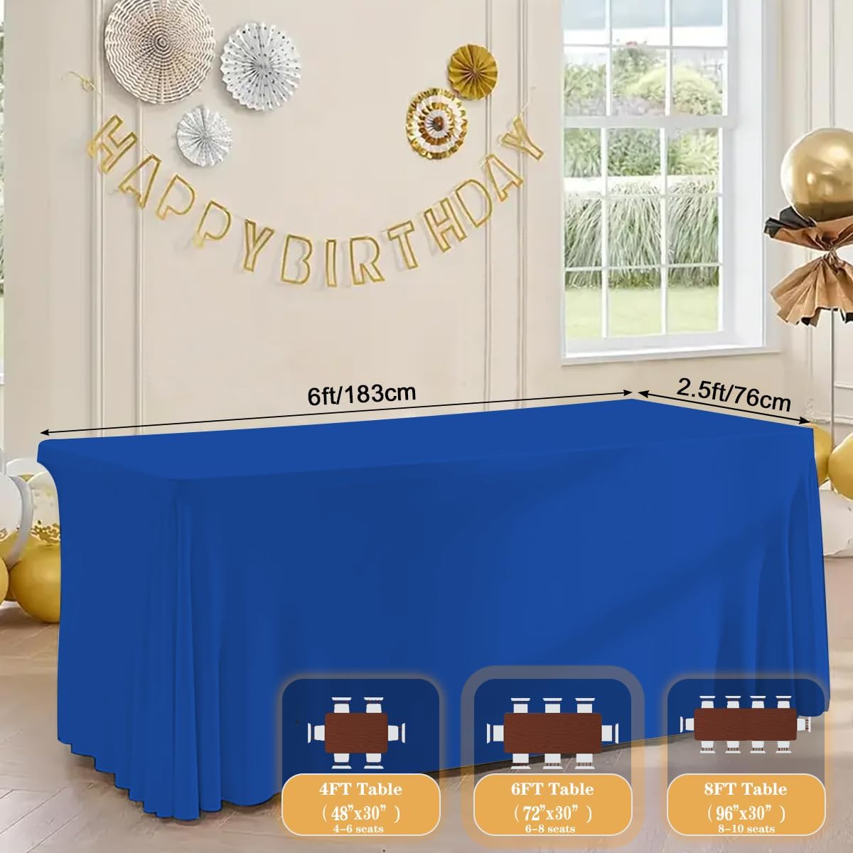 HAORUI Open Back Table Skirts, 4Pack Rectangle Wrinkle Resistant Table Clothes, Ruffles Elastic Table Cover for Banquets, Weddings, Parties (6ft Royal Blue)