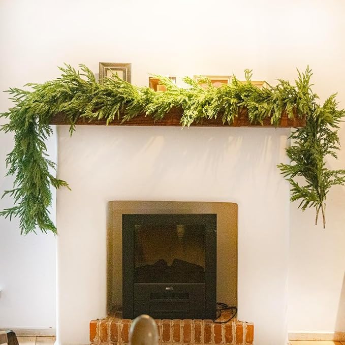 15ft Handmade Christmas Garland,Artificial Cypress Cedar Pine Needles Greenery Seasonal Garland for Christmas TV Cabinet Winter Holiday Indoor Outdoor Decoration