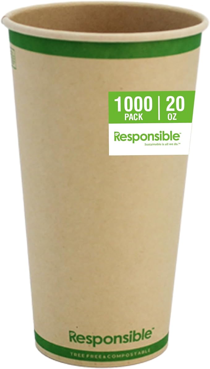 Responsible Products 20 oz Paper Hot Cups, Tree-Less™ Compostable Paper Coffee Cups, Extra Strength, Tree-Free and Made Without PFAS, Natural Brown (1000 Count)