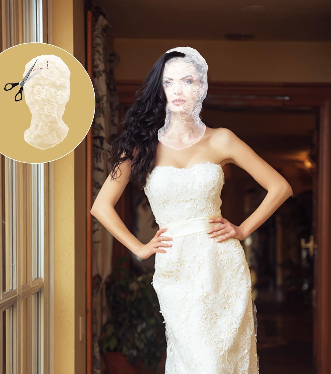 Floral Lace Full Face Mask, Wrist Cuff, Hair Bibbon for Photography Halloween Cosplay DIY Enthusiasts