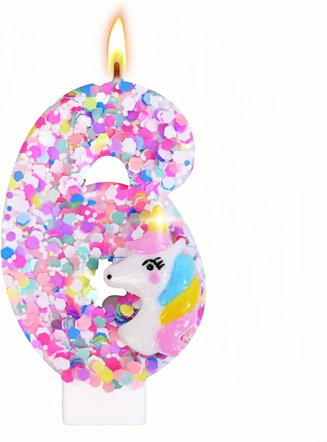 Unicorn Number Birthday Candles Decoration, Unicorn Themed Birthday Party Supplies, Glitter Sequin Birthday Cake Topper for Boy Girl Kids (Number 6)