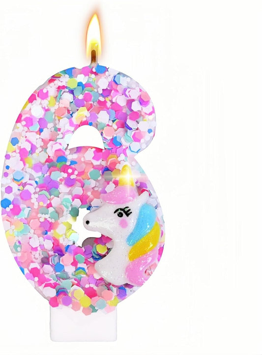 Unicorn Number Birthday Candles Decoration, Unicorn Themed Birthday Party Supplies, Glitter Sequin Birthday Cake Topper for Boy Girl Kids (Number 6)