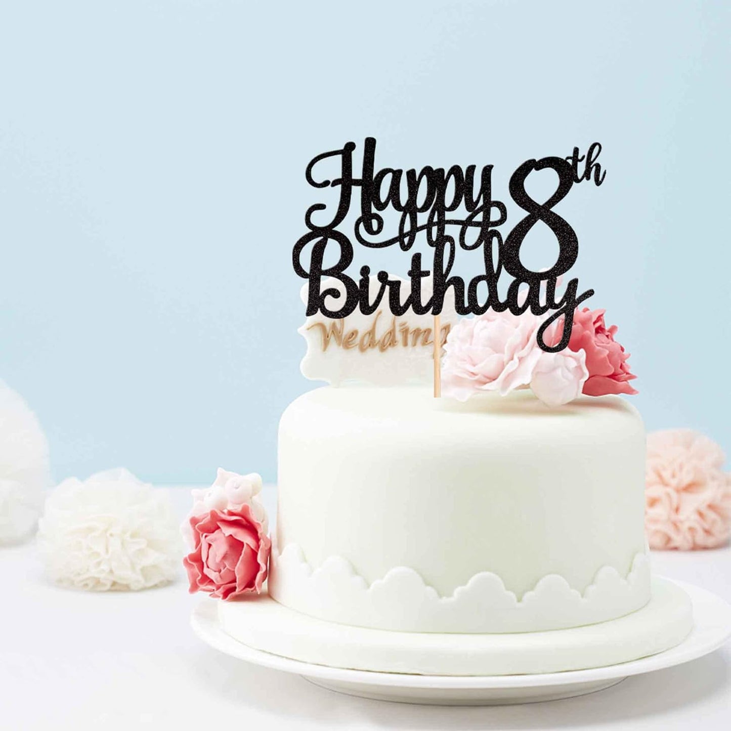 1 PCS Happy 8th Birthday Cake Topper Glitter Cheers to 8 Years Cake Pick Number 8 Fabulous Cake Decoration for 8th Birthday Theme Party Decorations Supplies Black