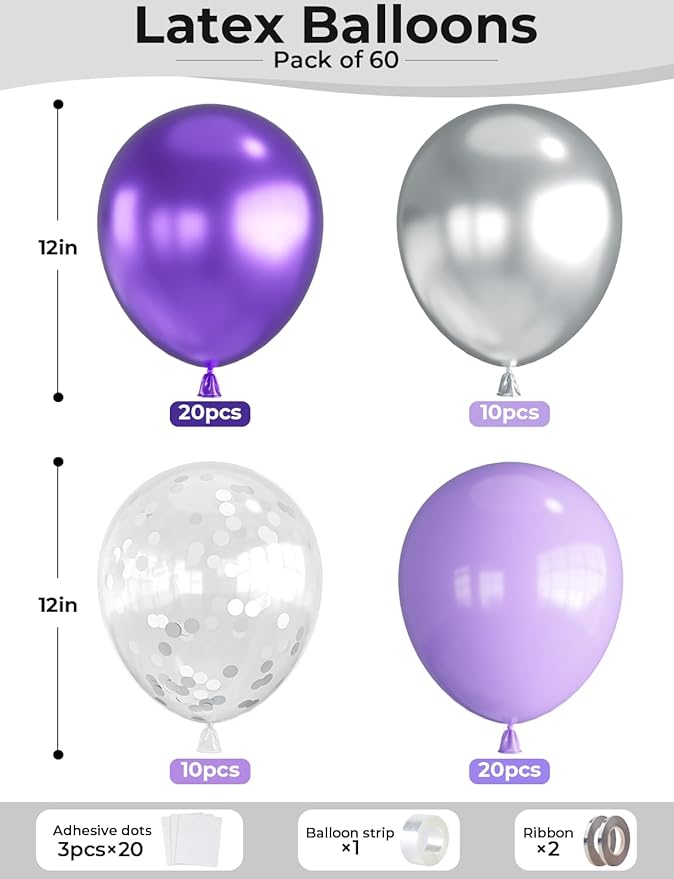 Purple and Silver Balloons,12 Inch 60pcs Pastel Purple Balloon with Silver Confetti Balloon,Lavender Balloons for Mother's Day Birthday Baby Shower Graduation Wedding Party Decorations