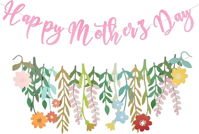 Giga Gud Happy Mother's Day Banner Set Decoration for Mom's Day Party Decorations Backdrop Garland for Mom Mother's Day Glitter Garland Photo Props (Pink Letter Flower)