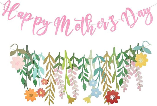 Giga Gud Happy Mother's Day Banner Set Decoration for Mom's Day Party Decorations Backdrop Garland for Mom Mother's Day Glitter Garland Photo Props (Pink Letter Flower)