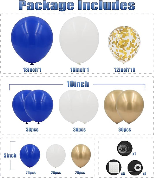 Royal Blue and Gold Balloons Garland Arch Kit, 162pcs Royal Blue White Chrome Gold Confetti Balloons for Graduation Anniversary Wedding Baby Shower Birthday Party Decorations