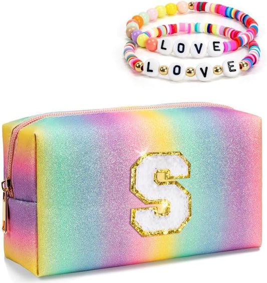 Gifts for Girls, Personalized Makeup Skincare Bag with Zipper, Rainbow Color Chenille Letter Pouch, Girly Toiletry Bag, Cute Trendy Stuff for Granddaughter Daughter Niece (Large)