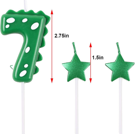 2.75 Inch Green Dinosaur Shaped 7 Number Birthday Candles and Star Birthday Candles,Suitable for Dinosaur Birthday Decorations & Themed Parties Celebration
