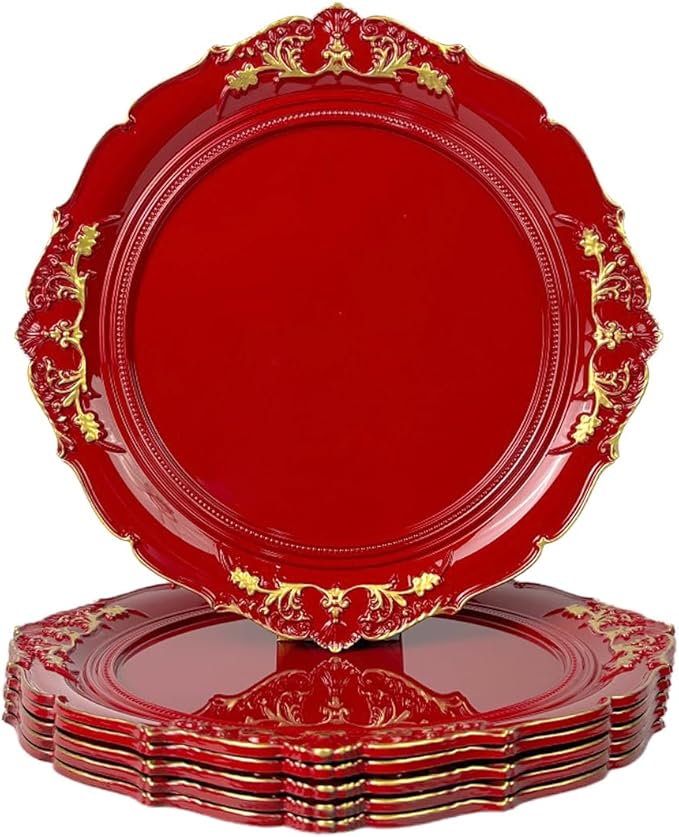 Red Charger Plates, 13 Inch Embossed Chargers for Dinner Plates. Plastic Charger for Wedding, Party. (Set of 6)