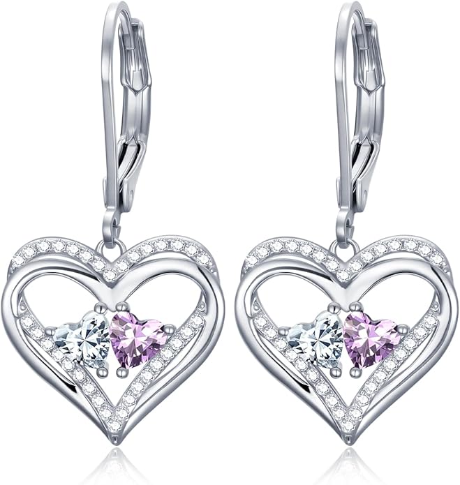 Valentines Day Gifts for Women, Heart Leverback Earrings Double Birthstone Dangle Earrings for Women, Love Jewelry for Her, Anniversary Birthday Gift for Mom Wife Girlfriend