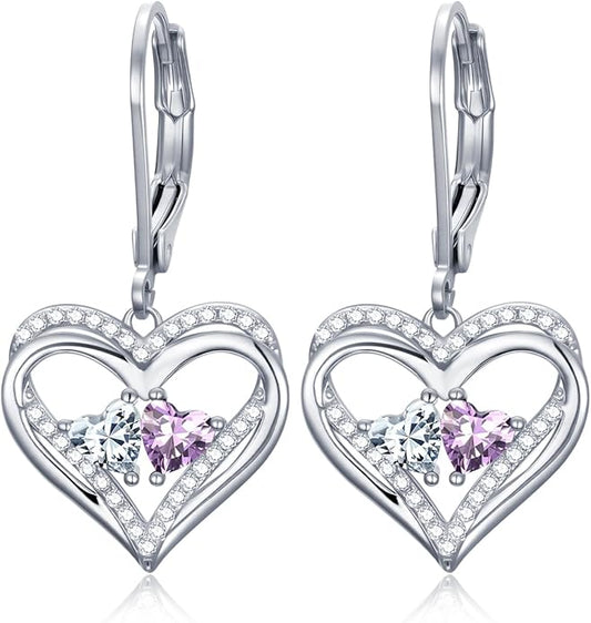 Valentines Day Gifts for Women, Heart Leverback Earrings Double Birthstone Dangle Earrings for Women, Love Jewelry for Her, Anniversary Birthday Gift for Mom Wife Girlfriend