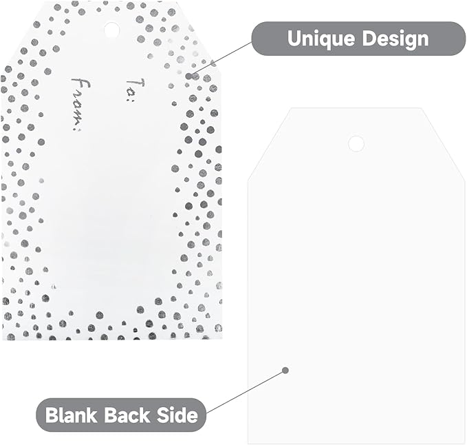 Anwyll Gift Tags with String - 50Pcs Silver Foil Name Gift Tags Confetti Polka Dot to from Gift Bag Tag Personalized Hang Paper Label Tag for Baby Shower Birthday Party Wedding Christmas Favors