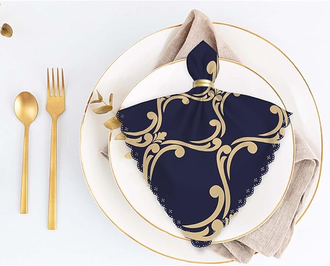 Yibeas Baroque, Damask Cloth Napkins Set of 4 Soft Gold and Blue-Black Ornament Polyester Dinner Napkin for Family Restaurant Weddings Parties 18 x 18 inch