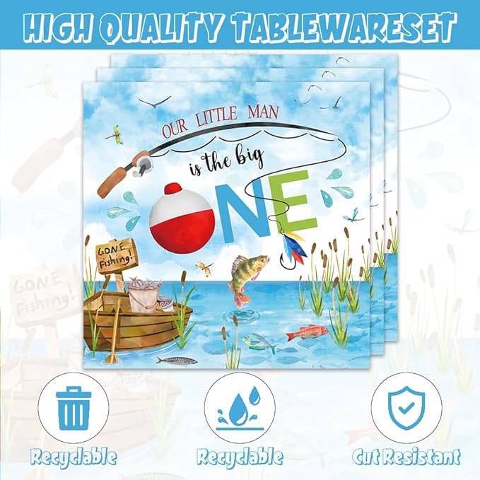 40pcs Fishing 1st Birthday Party Supplies Boys Fishing Birthday Party Decorations Plates and Napkins Gone Fishing Themed Party Tableware Set for Baby Shower