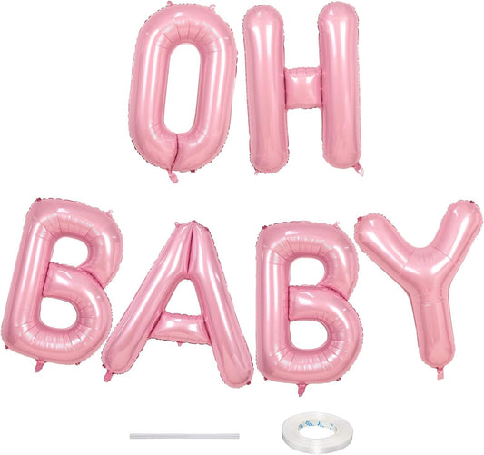 40 Inch Pastel Pink OH BABY Balloon for Baby Shower, Large Light Pink OH BABY Balloon Letters with Ribbon, Pearl Pink Alphabet Balloons Banner Sign for Girl Birthday Party Backdrop Decorations