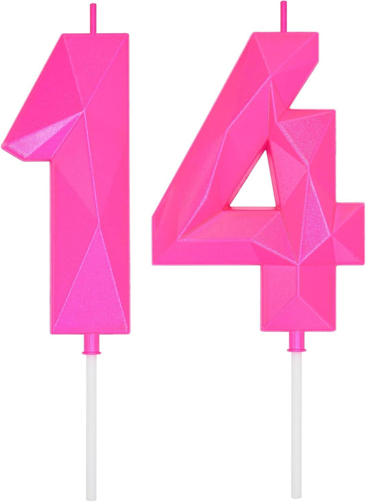 DERVENTA Large Birthday Candle Number 3D Pink 3.7 inch Party Celebration Anniversary Decoration Cake Topper 1 Piece (Number 14 Pink)