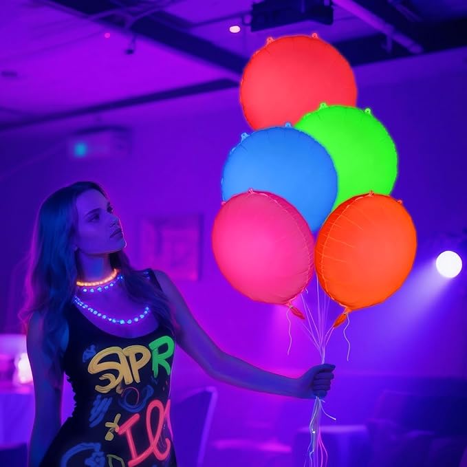 Mega-L Glow in the Dark Party Supplies, 5 Pcs Neon Round Balloons Set – Fluorescent Red, Lemon Yellow, Fuchsia, Blue and Orange Balloons Perfect for Birthday, Wedding, Anniversary, Graduation Party