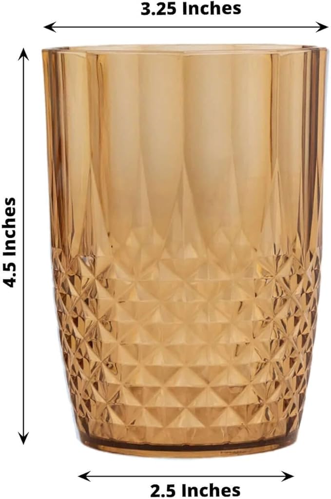 Efavormart 6-Pack Plastic Tumblers, 16oz Unbreakable Drinking Glasses Crystal Cut Style Amber Gold - Shatterproof Short Cups