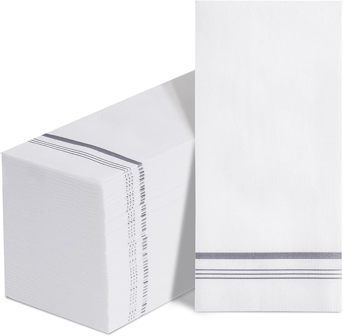 50 Linen Feel Paper Hand Towels for Bathroom, Disposable Guest Towels, Soft and Absorbent Paper Towels Napkins Bulk for Home Dinner Kitchen Wedding Graduation, 12" x 17"(Silver Trim Lined)