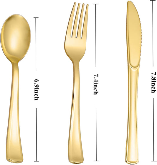 N9R 500PCS Gold Plastic Silverware - Gold Plastic Cutlery Set Disposable Flatware Dinnerware -200 Forks, 150 Spoons, 150 Knives for Party, Birthday, Wedding Utensils
