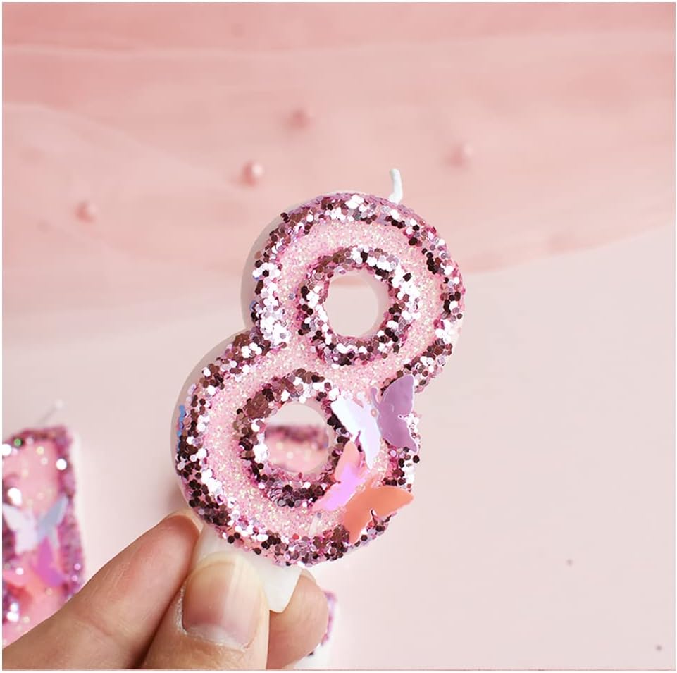 Birthday Candles Number 8,Pink Glitter Happy Birthday Cake Candles Handmade Sequin Numeral Candle