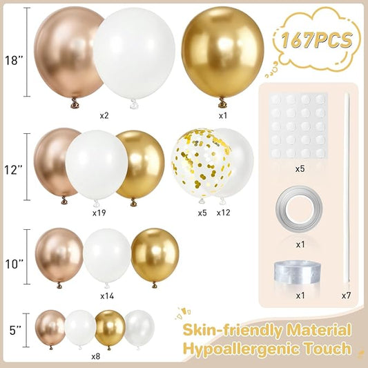 White and Gold Balloon Garland Arch Kit, 167Pcs Metallic Champagne Gold Pearl White Gold Confetti Balloons for Engagement Wedding Baptism Birthday Anniversary Party Decoration