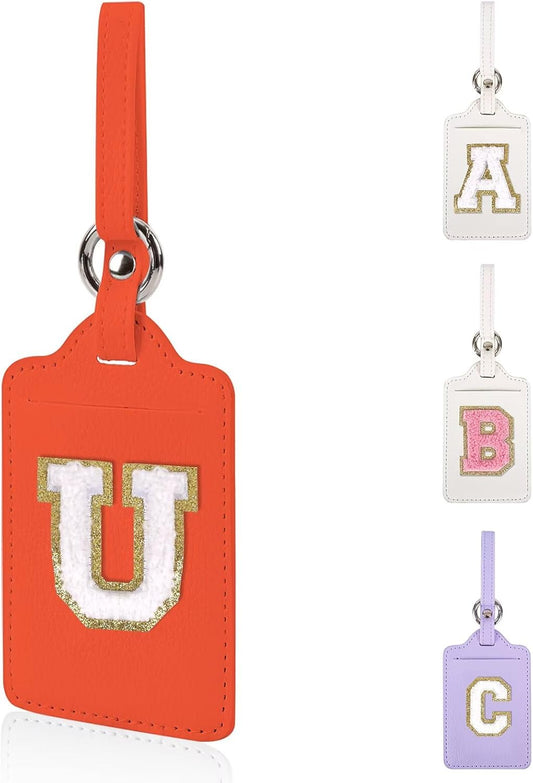 Personalized Initial Luggage Tags for Suitcases, Leather Chenille Letter Cute Luggage Tags with Privacy Name Card, Embroidered Travel Bag Backpack Tags Gifts for Women Kids Girls Teens(Orange-U)