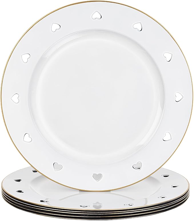 13" Round White Charger Plates, Heart Hollow Chargers for Dinner Plates with Golden Border, Formal Table Setting Accessory Centerpiece Bluk Wedding, Valentine's Day, Galentine's Day, Easter Set of 6