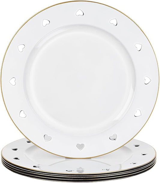 13" Round White Charger Plates, Heart Hollow Chargers for Dinner Plates with Golden Border, Formal Table Setting Accessory Centerpiece Bluk Wedding, Valentine's Day, Galentine's Day, Easter Set of 6